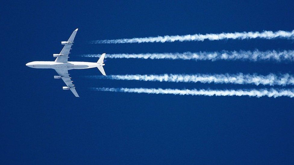 A plane flying in a blue sky