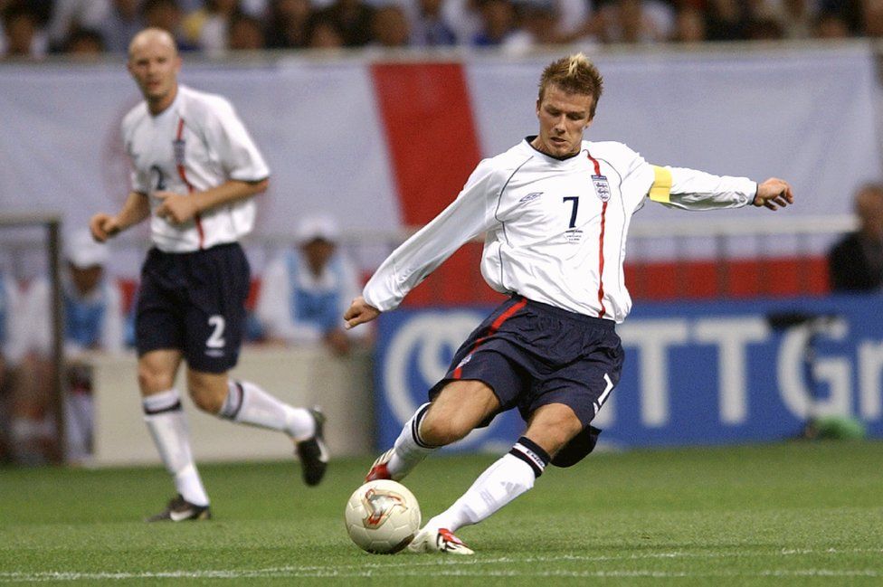 David Beckham playing for England at the 2002 World Cup