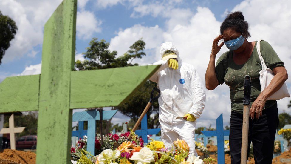 Valcenir Alves Ferreira reacts during the burial of her aunt who passed away due to the coronavirus disease, at the Parque Taruma cemetery in Manaus, Brazil, January 17th 2021
