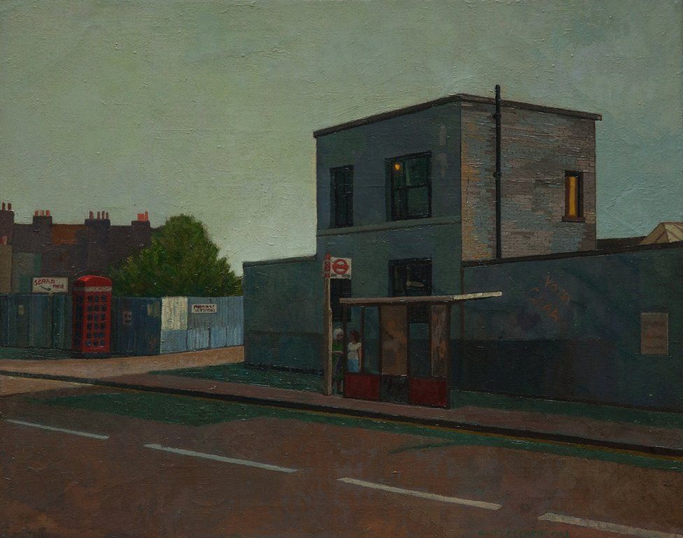 A painting of a bus stop in East London by Doreen Fletcher