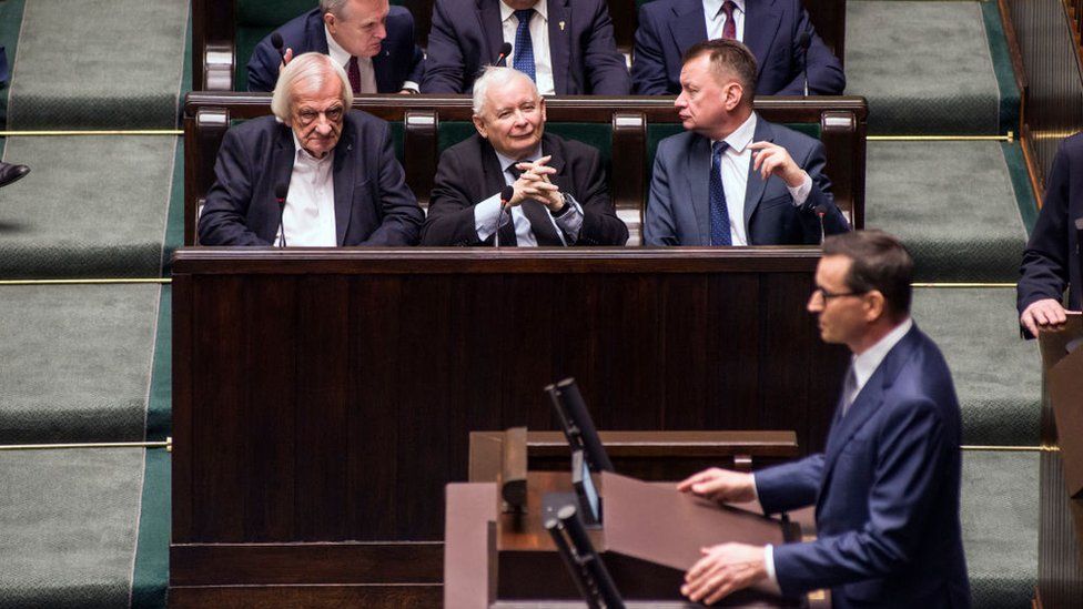PM Mateusz Morawiecki delivers a speech in Poland's parliament on 28 November 2023