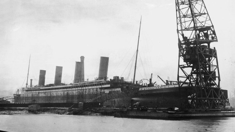The Titanic in dry dock at the Harland and Wolff shipyard, Belfast, February 1912