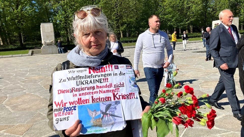 Kristina at a demonstration against weapons deliveries to Ukraine