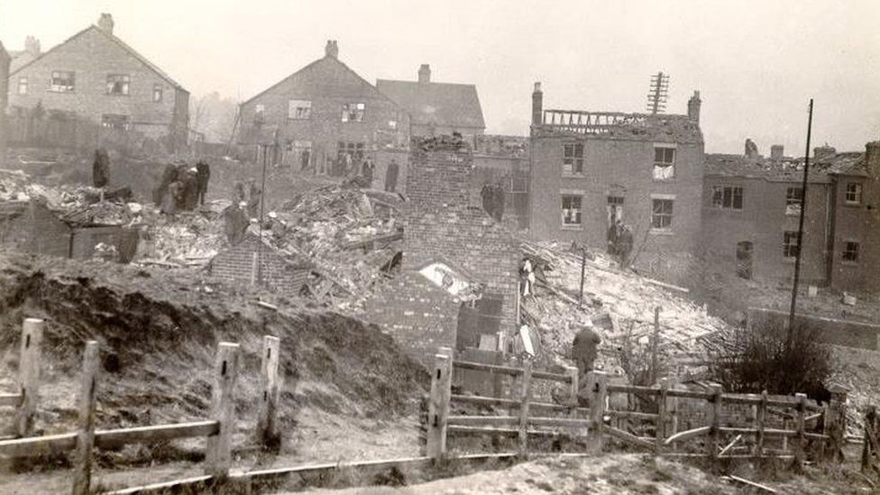 Bomb damage on Old Stoke Road, in January 1941