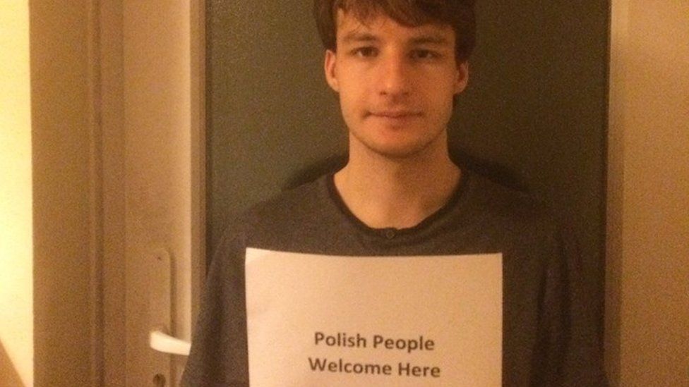 Thomas Norman posted a picture of himself holding a note saying "Polish people welcome here" on social media, which has been shared dozens of times