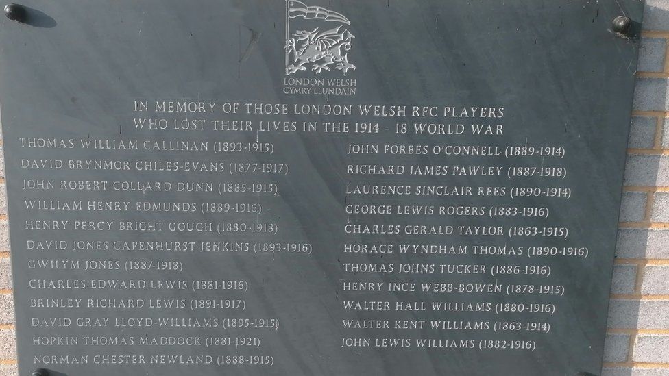 Plaque to lost London Welsh rugby players in WW1