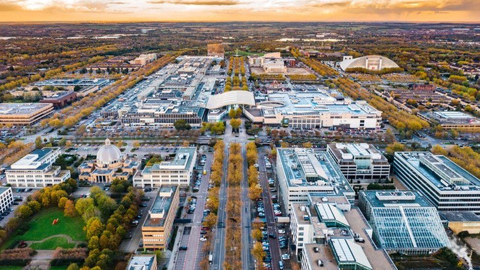 Drone shot of Milton Keynes Central at sunset