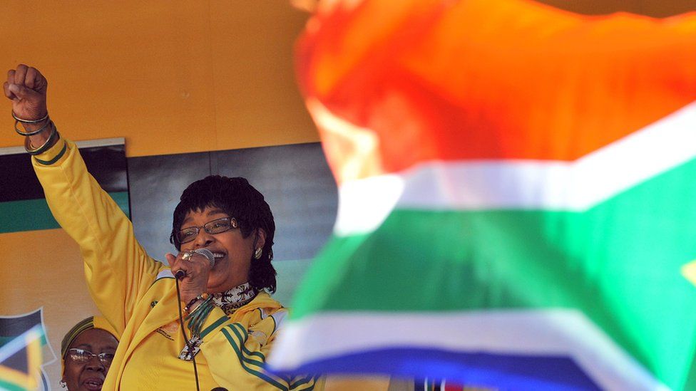 A file photo of Winnie Madikizela-Mandela addressing members of South Africa's ruling party African National Congress (ANC) during a street party on 4 June 2010