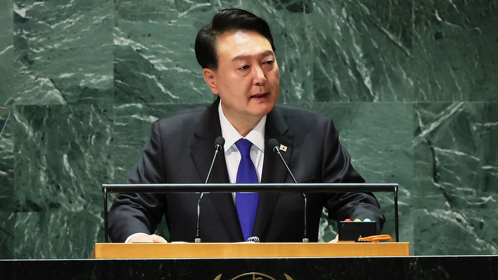 South Korean President Yoon Suk Yeol speaks during the United Nations General Assembly (UNGA) at the United Nations headquarters on 20 September 2023 in New York City.
