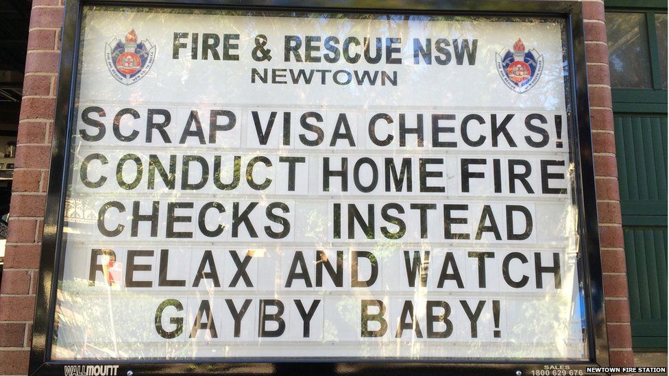 Newtown Fire Station's Border Force visa check and Gayby Baby sign