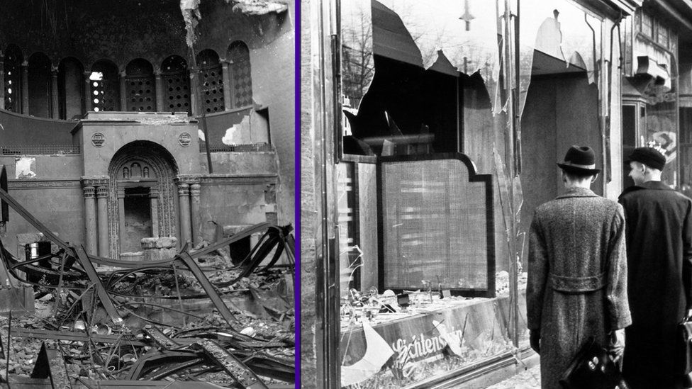 The aftermath of Kristallnacht.