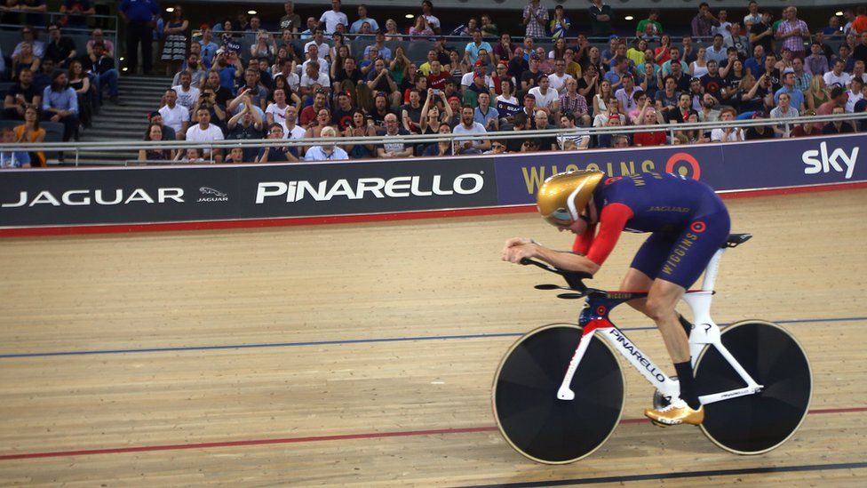 Sir Bradley Wiggins of Great Britain and Team Wiggins on his way to break the UCI One Hour Record at Lee Valley Velopark Velodrome on June 7, 2015