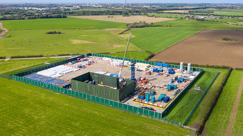 An aerial view of the Cuadrilla shale gas extraction (fracking) site at Preston New Road