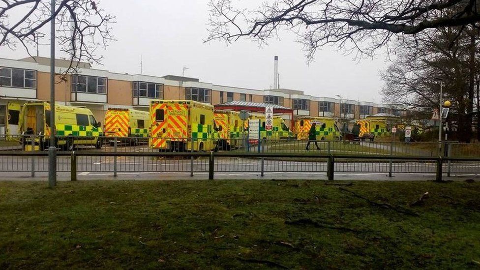 Ambulances queuing outside a hospital in the East of England