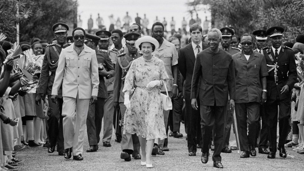 Queen Elizabeth II is met by President Julius Nyerere at Dar es Salaam airport, at the start of a three-day State Visit, 18th July 1979.