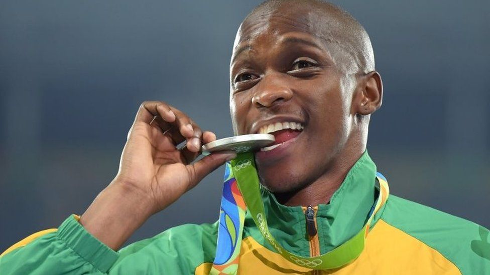 Luvo Manyonga of South Africa poses with the silver medal for Men's Long Jump on Day 9 at the Rio Olympics