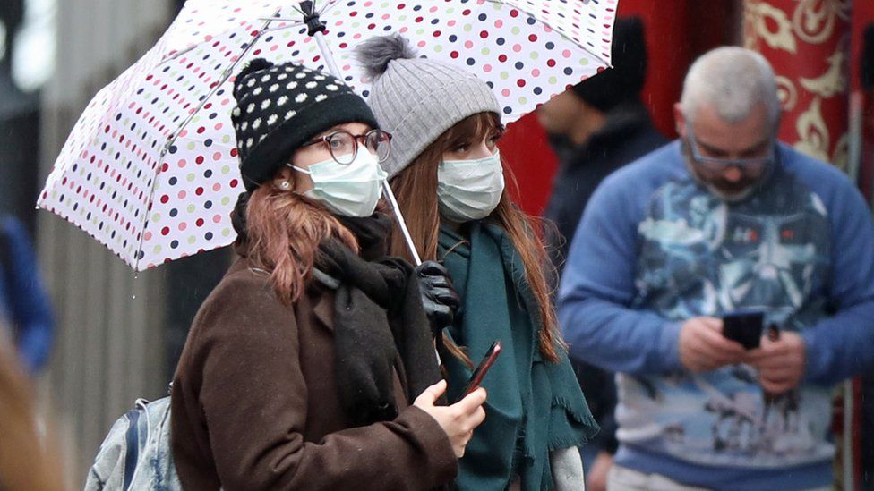 Women wearing face masks in Soho, London
