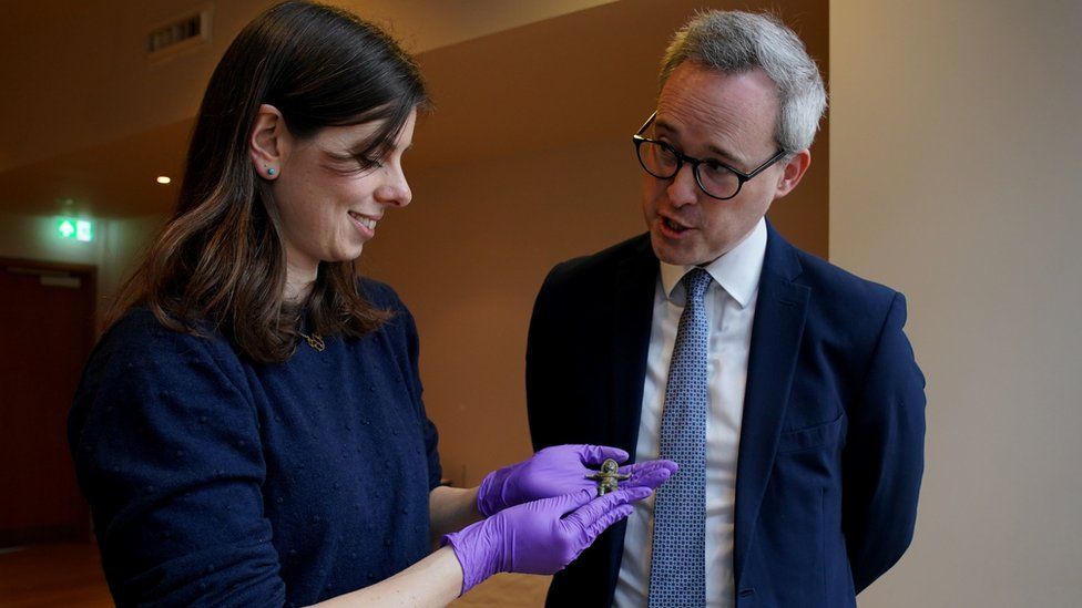 Heritage Minister Lord Parkinson with Curatorial and Learning Officer Sarah Harvey, look at the Birrus Britannicus Roman figurine during a visit to Chelmsford Museum in Essex