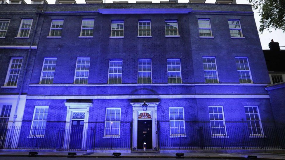 10 Downing Street lit up blue