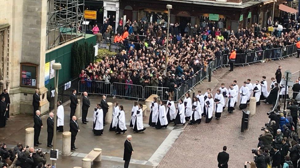 Choir entering church for Prof Stephen Hawking's funeral