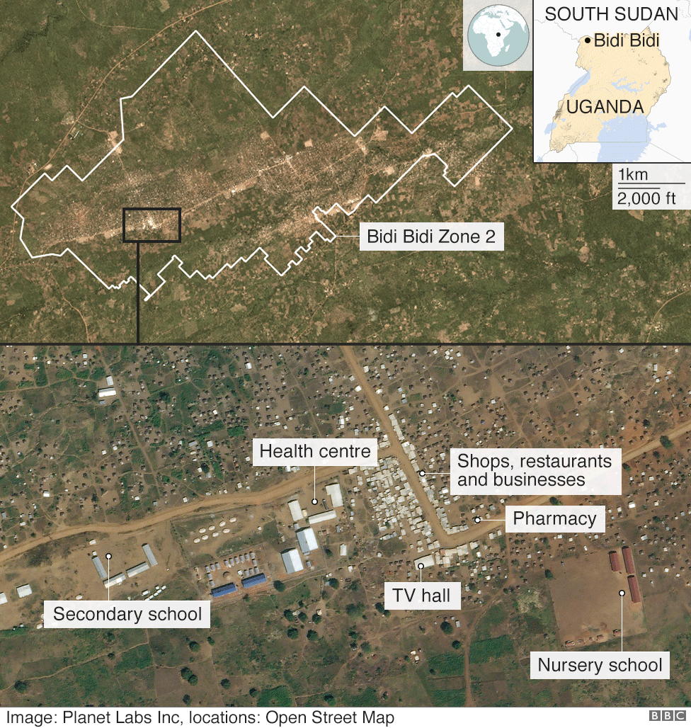 Satellite image of Bidi Bidi camp, showing schools, hospitals, shops and businesses
