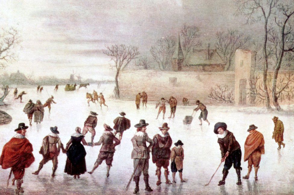 Illustration of people playing golf on frozen water, c18th century. Many people are seen skating too, on what could be the River Thames.