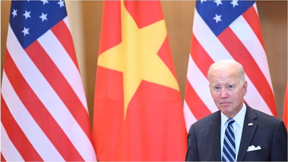 US President Joe Biden looks on during a meeting with chairman of Vietnam's National Assembly Vuong Dinh Hue (unseen) at the National Assembly in Hanoi, on September 11, 2023