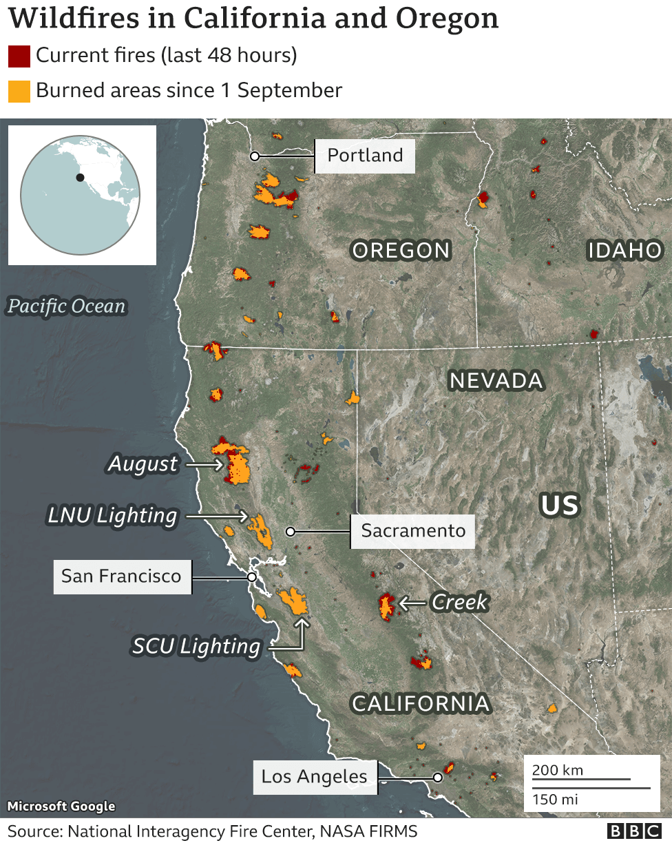 Map showing US wildfires on the west coast from California to Oregon
