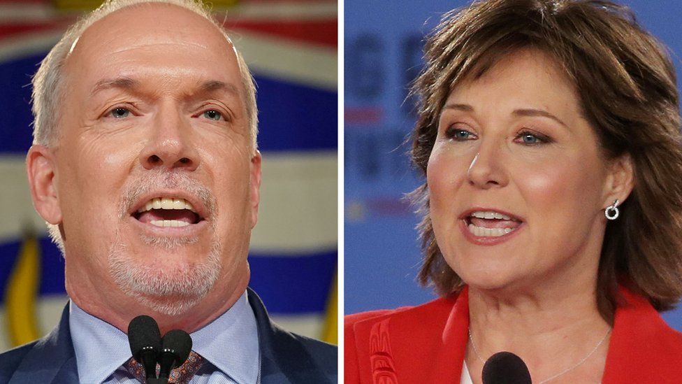 British Columbia NDP Leader John Horgan and British Columbia Premier Christy Clark at their election night rallies in Vancouver