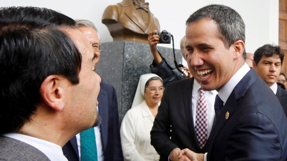Juan Guaidó, right, meets EU representatives in Caracas, Venezuela February 19