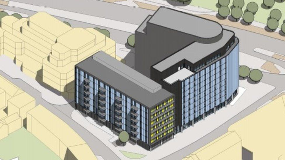 An artist's impression of the hotels and new homes at the site