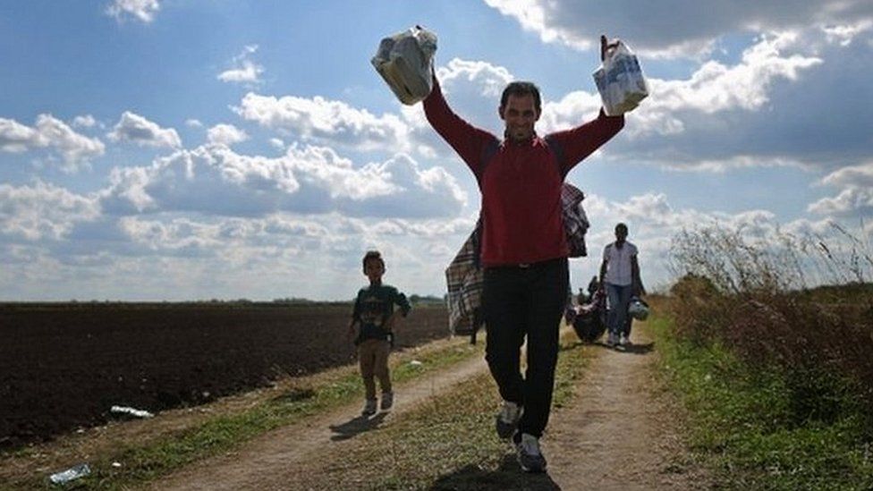 Migrants cross the border from Serbia into Hungary