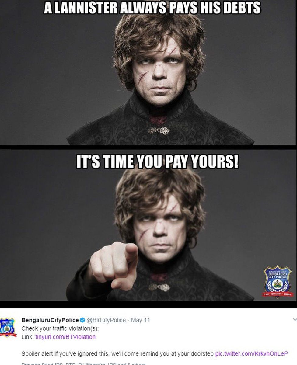 A tweet featuring an image of Tyrion Lannister saying: "A Lannister always pays his debts. It's time you pay yours". Then the Bangalore police tweet: "Check your traffic violation(s).