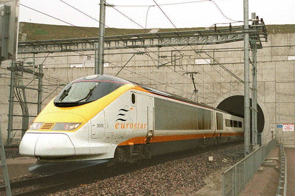 The first commercial Eurostar train pulls out of the Channel Tunnel in 1994