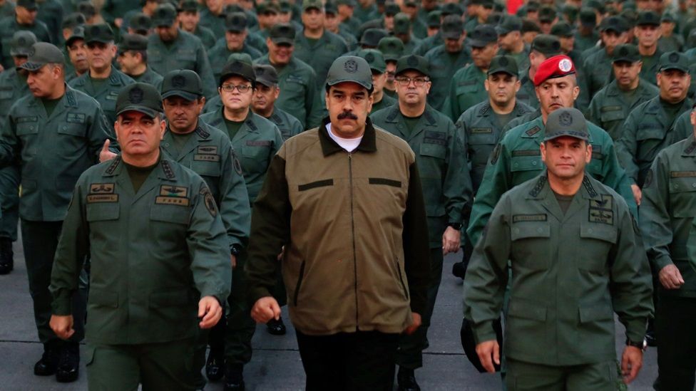 Venezuelan President Nicolás Maduro flanked by military official in Caracas. Photo: 2 May 2019