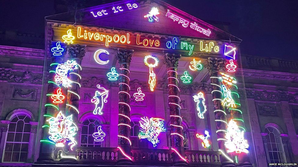 Liverpool Town Hall with neon Diwali lights