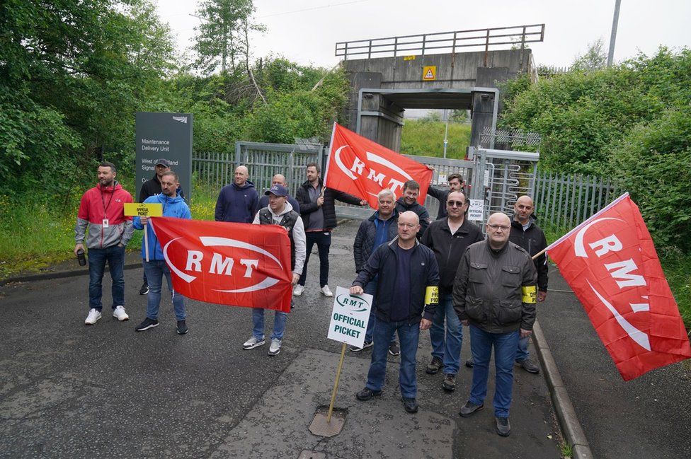 An RMT picket line outside of the Network Rail Maintenance Delivery Unit and West of Scotland Signal Centre in Cowlairs, Glasgow
