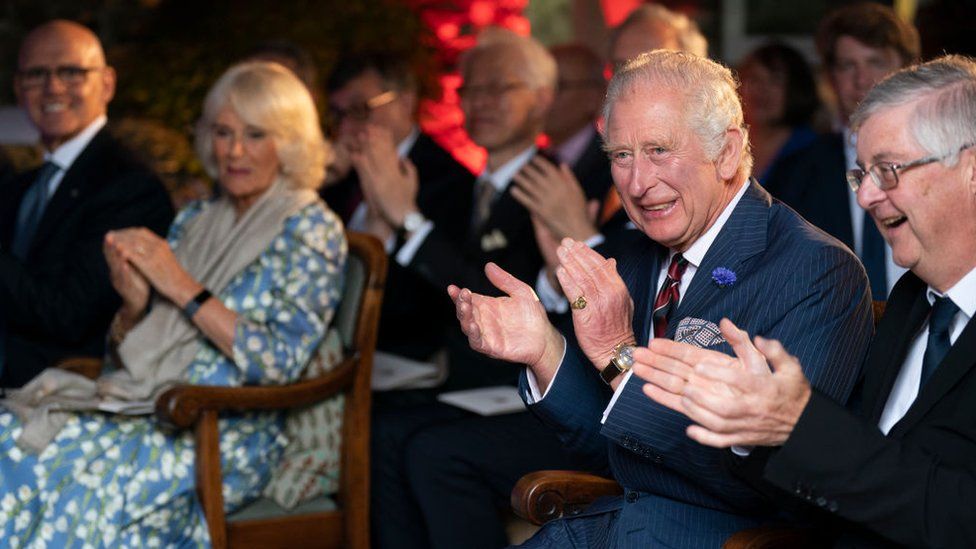 Charles and Camilla at an evening of music and drama, celebrating Welsh culture, and a diplomatic reception on July 05, 2022 at Llwynywermod, Myddfai, Llandovery, Carmarthenshire
