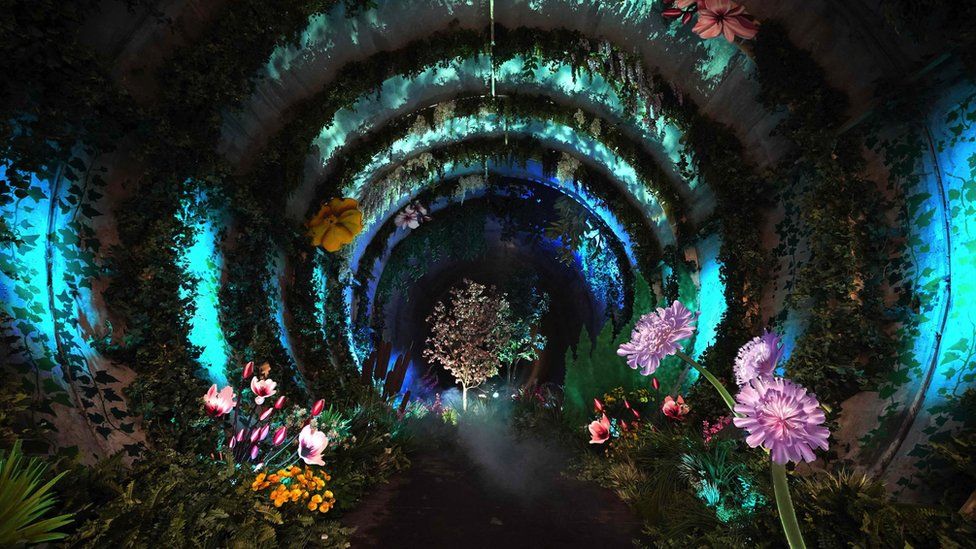flowers and lights create a garden in the super sewer
