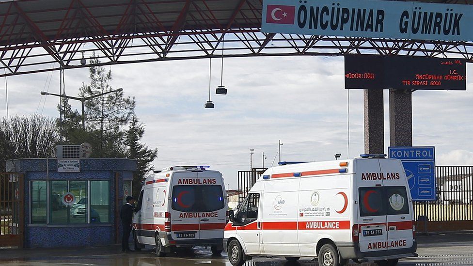 Ambulances enter Syria from Turkey at Turkey"s Oncupinar border crossing on the Turkish-Syrian border in the southeastern city of Kilis, Turkey February 7, 2016