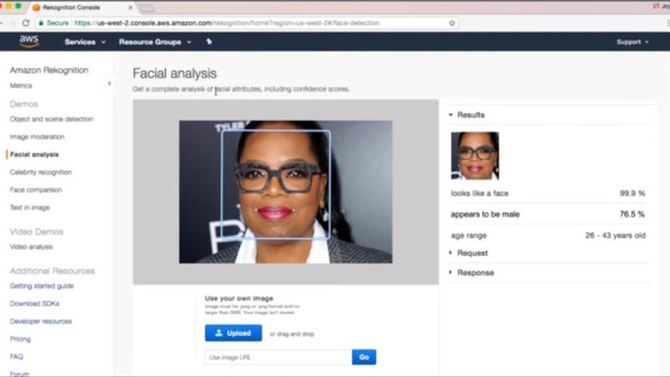 Amazon facial recognition tool analysing US star Oprah Winfrey and saying she is 76.5% likely to be a man