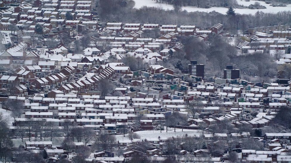 Rows of houses with snow covered rooves at Gateshead