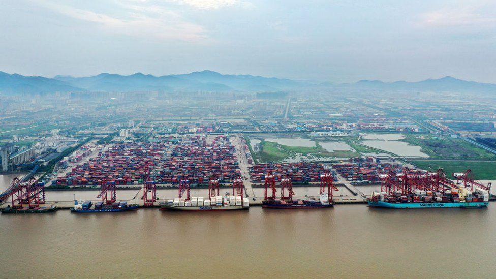 Container ships moored at Ningo-Zhoushan port, China
