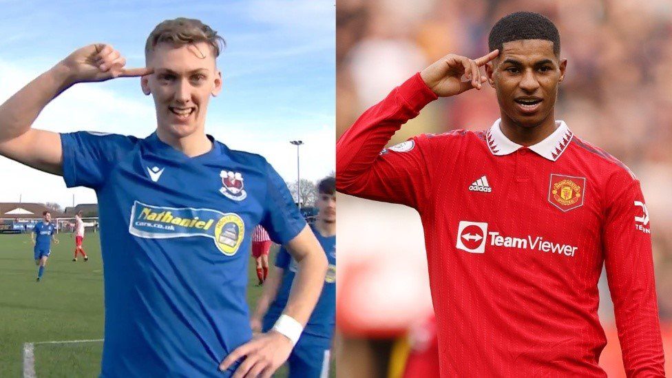 Nathan Wood imitating Man Utd striker Marcus Rashford's goal celebration - where the player points with one hand to the side of his forehead - while playing for Penybont in 2023