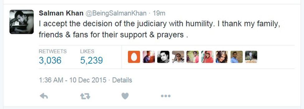 I accept the decision of the judiciary with humility. I thank my family, friends & fans for their support & prayers