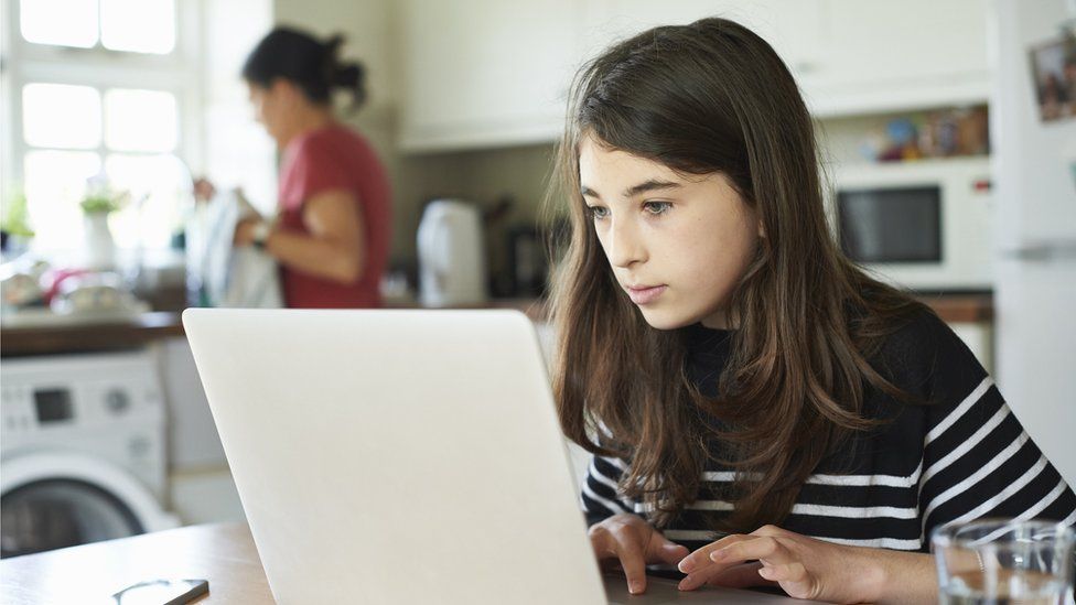 child on laptop being home schooled