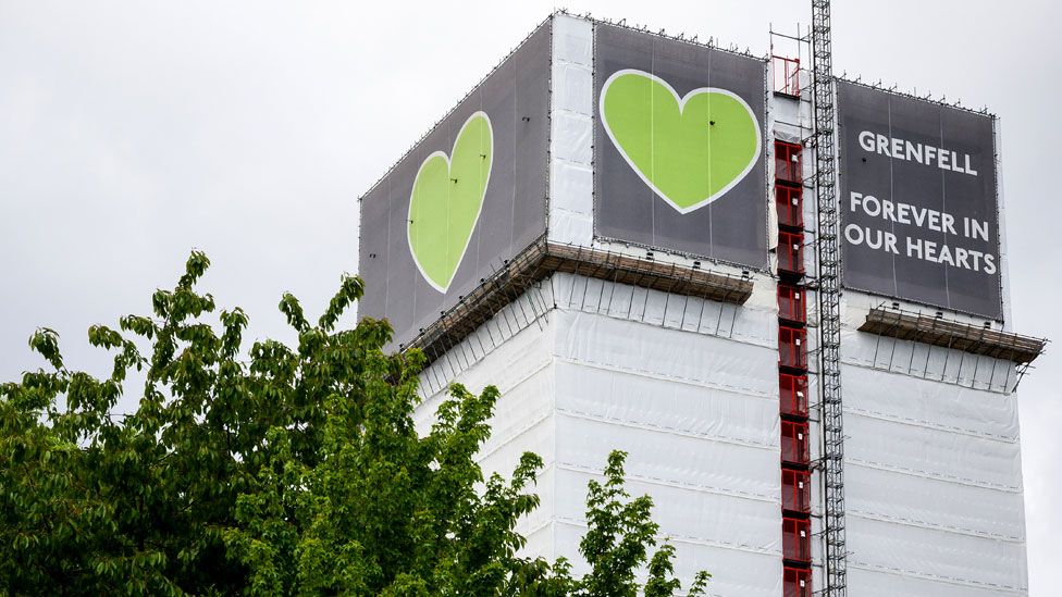 File image of Grenfell Tower covered with a white tarpaulin and the 'Grenfell: Forever in our hearts' signage