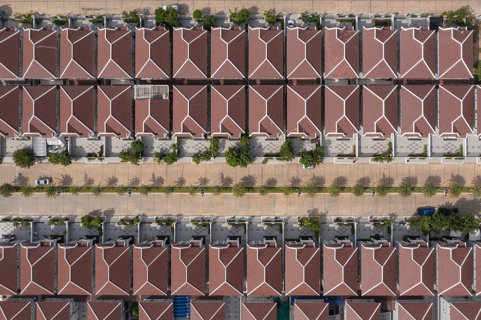 Aerial view of a recently built gated community “borey” on the outskirts of the capital Phnom Penh
