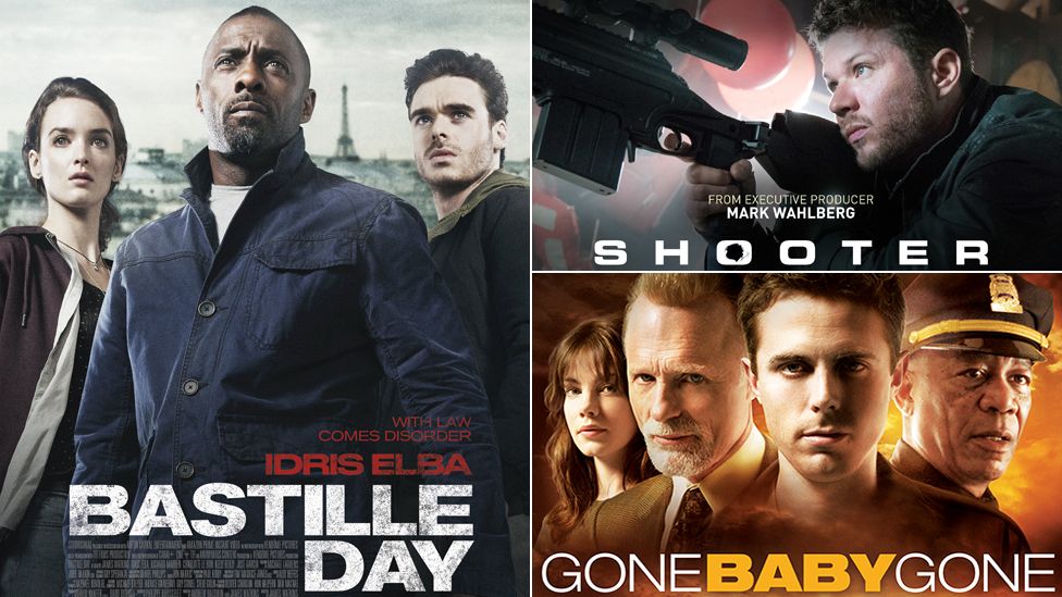 Film posters for Bastille Day, Gone Baby Gone and Shooter