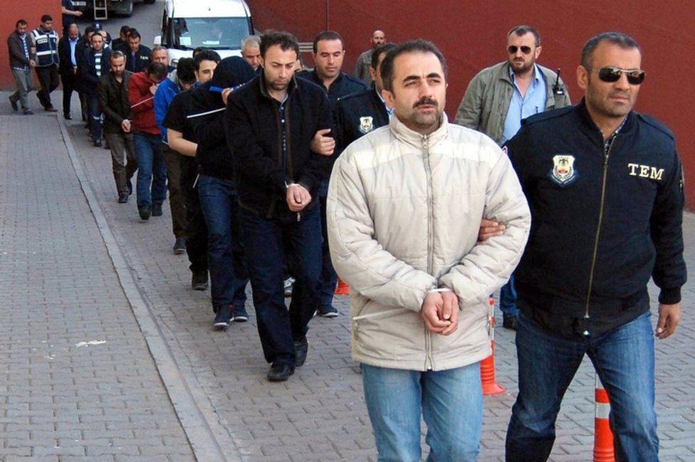 Members of the Turkish police escort suspects of the Gulen movement during nationwide operations, in Kayseri city, Turkey, 26 April 2017.